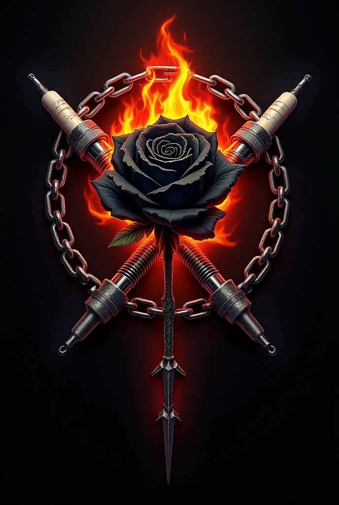 Logo, moto, black rose, fire, X-shaped spark plugs, chain, demon hour, skull