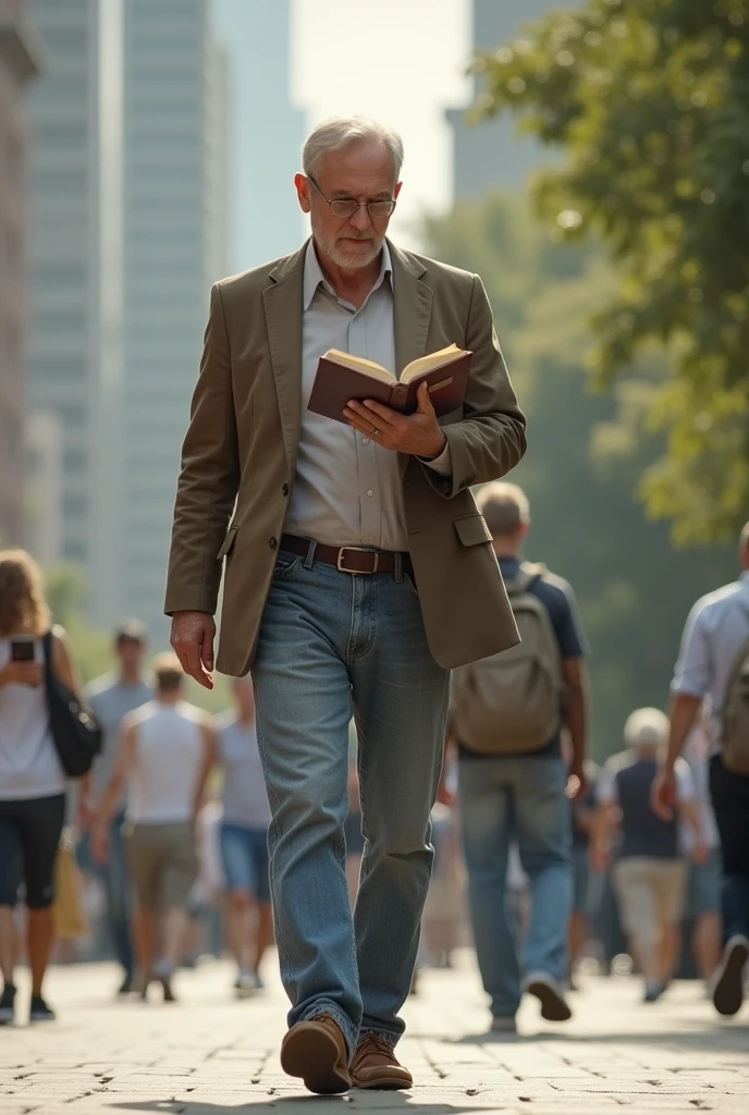 A man walking and he is  up with a book in his hands he appears to be rich with less formal clothing and the book is in his right hand and the hand is lowered holding the book