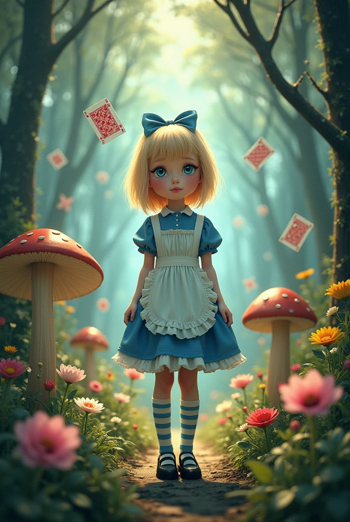 A movie poster, with a blue-eyed blonde, wearing a blue dress with a white apron, long striped socks, black shoes and a blue bow in her hair, No fundo,  a forest with giant mushrooms and flowers of various species and colors, and playing cards falling from above 