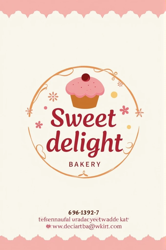 An image of the logo for the &#39;sweet delight&#39; bakery, accompanied by contact information (telephone, address, social networks) in a clean and professional design. The background can have soft colors and decorative elements related to baking.."