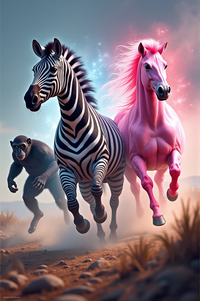 Create a zebra with super speed, along with a pink-red horse with magical powers, Now a black monkey with super strength