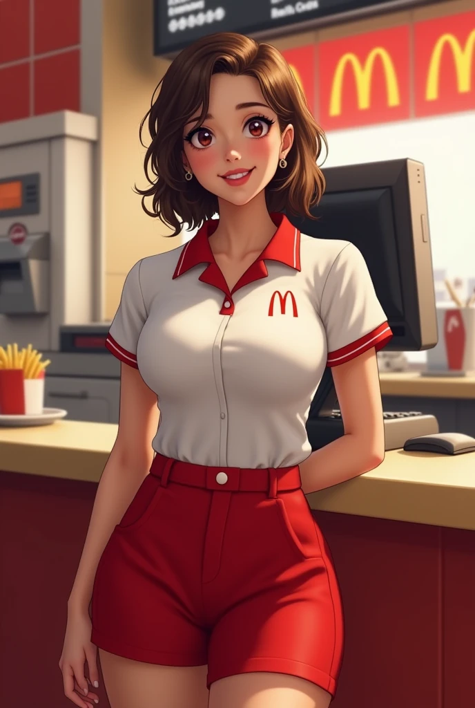tall woman with an athletic build; straight dark brown hair worn in a neat bun; green eyes; fair skin with a light scattering of freckles across the nose and cheeks; defined cheekbones and a straight nose; very large breasts; girl-next-door look; soft and cute features); on a date at a cinema; best quality; trending on artstation; dark room with complex volumetric lighting; strong shadows; artistic lighting; dynamic; energetic vibe; realistic skin; specular highlights; micro-textures; highly detailed hair; fashionable clothes; extremely athletic; toned body