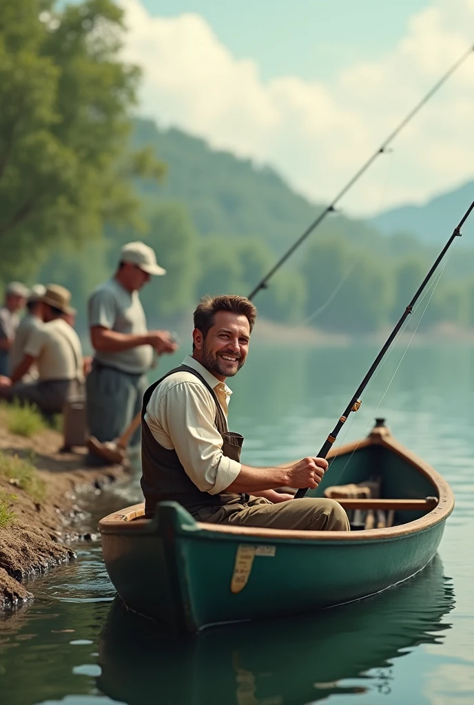 a man in his 40s with brown hair and a smiling bone in a boat with many fishing rods on the riverbank with many men watching