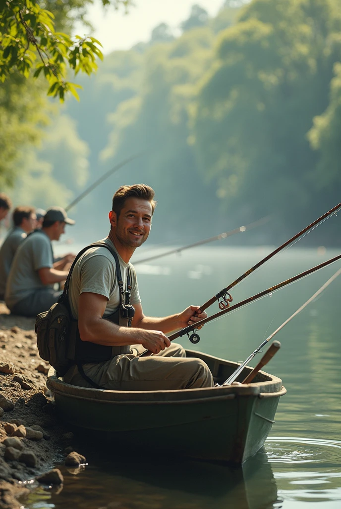 a man in his 40s with brown hair and a smiling bone in a boat with many fishing rods on the riverbank with many men watching