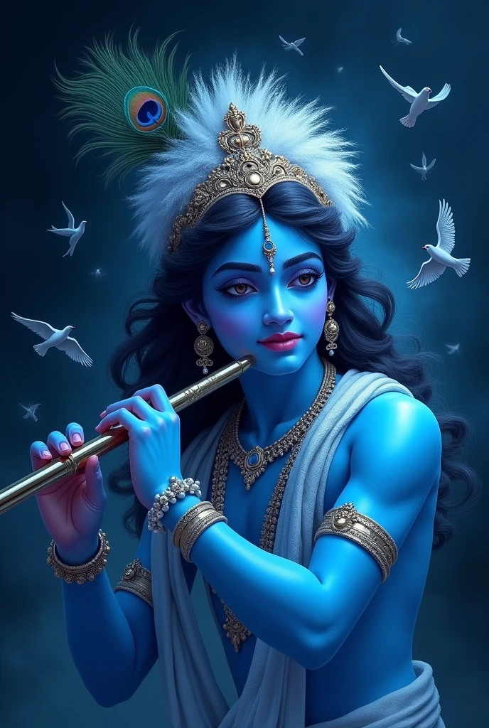 bhagavan shree Krishn,on head peacock feather focus, blue colour body , focus face , middle hair ,playing flute in mouth ,birds bance sky ,dark