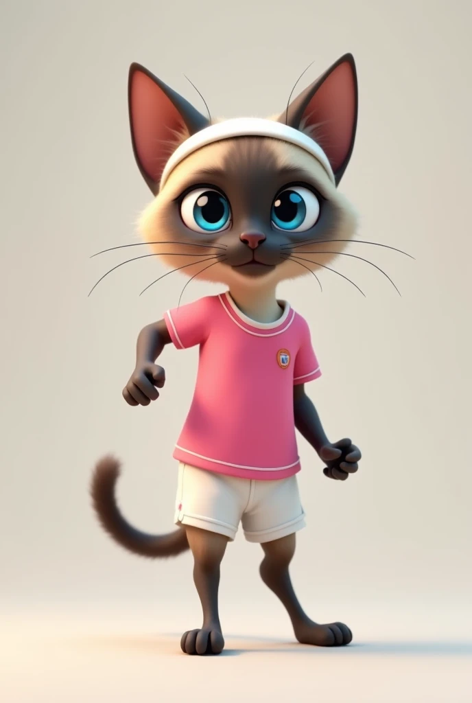 A cute Siamese cat wearing a pink running shirt, white shorts, and a white headband.