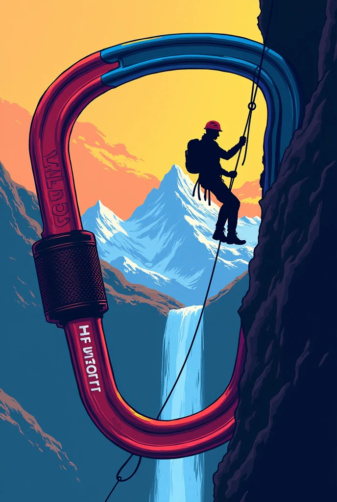 Draw colorful climbing carabiner, inside the musket draw a mountain with a waterfall , place a silhouette of a person rappelling down, write HUMJU on the side of the carabiner