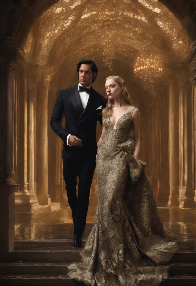 a spoiled socialite, a rebellious man, Amanda Seyfried, Gabriel Garko, romance story, photorealistic, dramatic lighting, cinematic, intricate details, chiaroscuro, moody colors, high contrast, oil painting style, dynamic poses, intense expressions, elegant fashion, luxurious setting, architectural elements, lush foliage, dramatic atmosphere