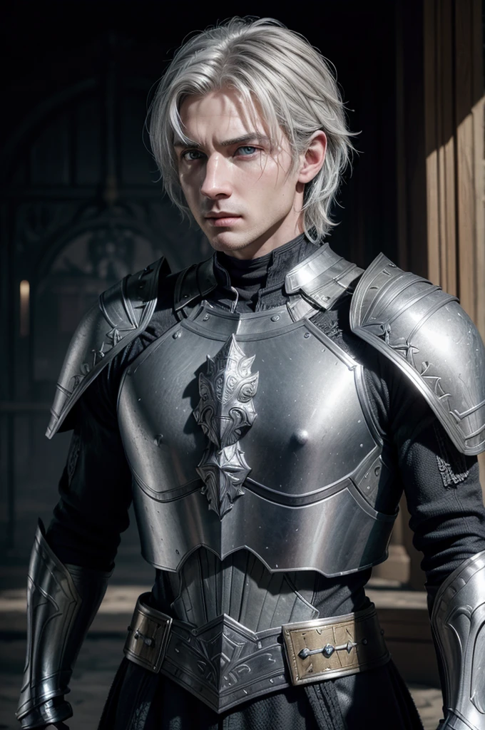 (photorealism:1.2), Paladin , Men, wearing grey light armor with black details, leathers, blue eyes,medium white hair, RPG, D&d, soft lighting, powerd pose, realistic, intricate details, warm colors, by Greg Rutkowski, by Alphonse Mucha