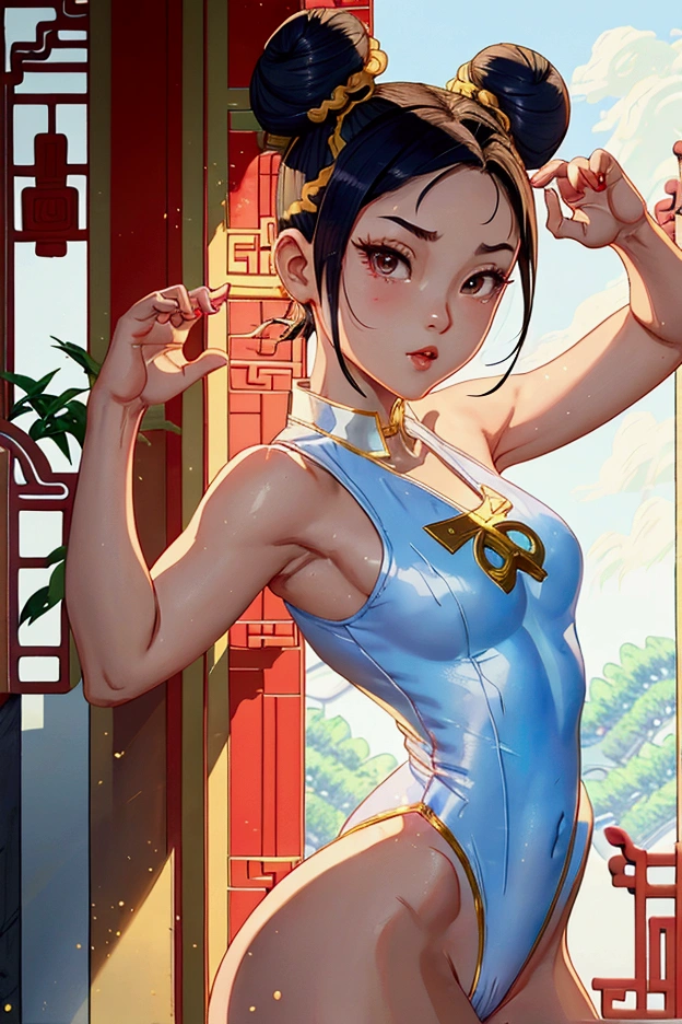Chun-Li from street fighter , ((Her hair has two buns)) Whole body, dynamic  pose, White sandals,(((Chinese collar one-piece leotard))), sem calcinha
