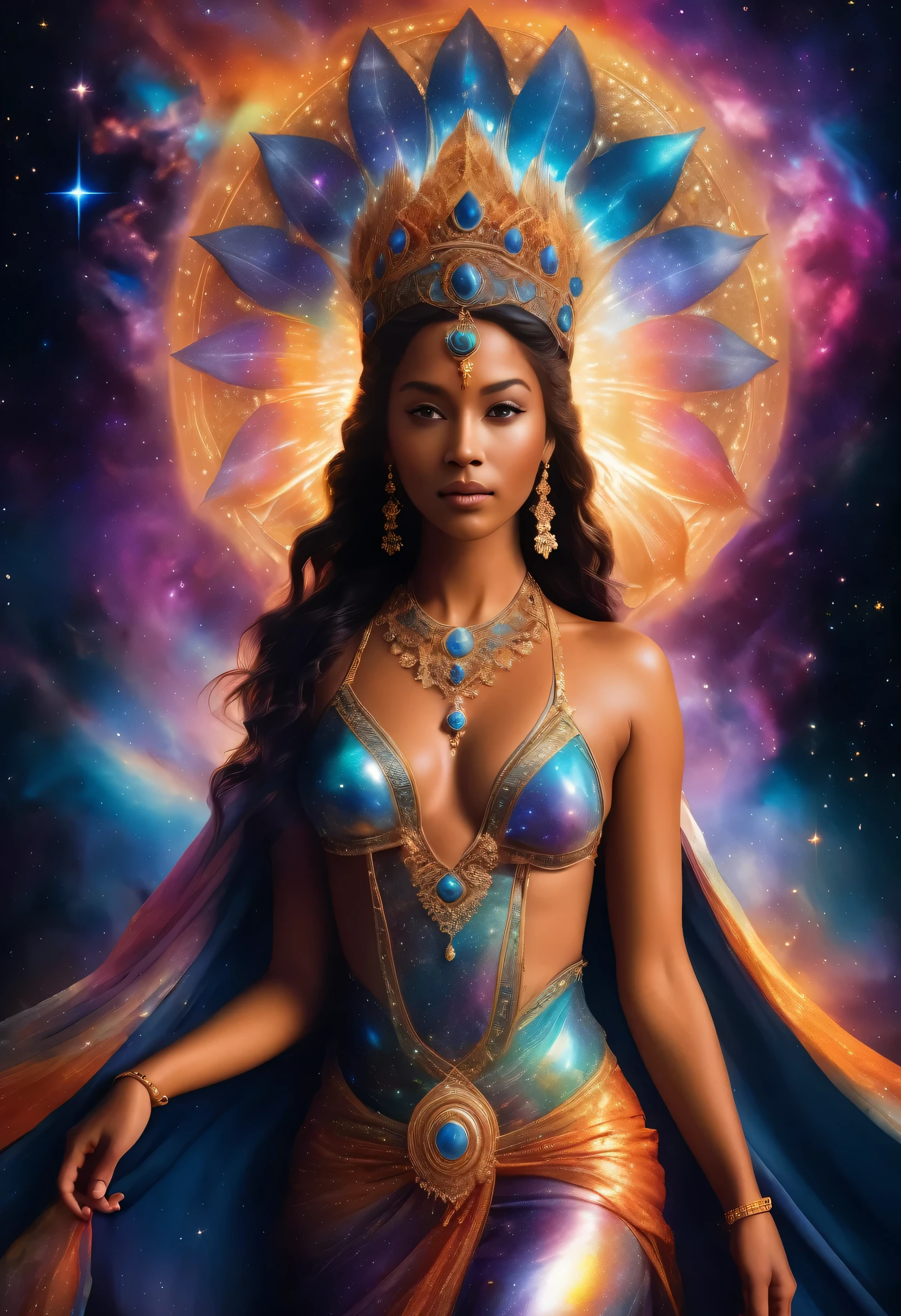 An ethereal cosmic goddess, her holographic form glowing with celestial brilliance against a backdrop of swirling galaxies. This awe-inspiring image is a digitally rendered painting, showing the intricate details of her flowing robes and intricate headdress. Each pixel is meticulously crafted to capture the essence of otherworldly grace, with a mesmerizing play of light and color. The image draws viewers into a mesmerizing realm of cosmic beauty and divine presence.