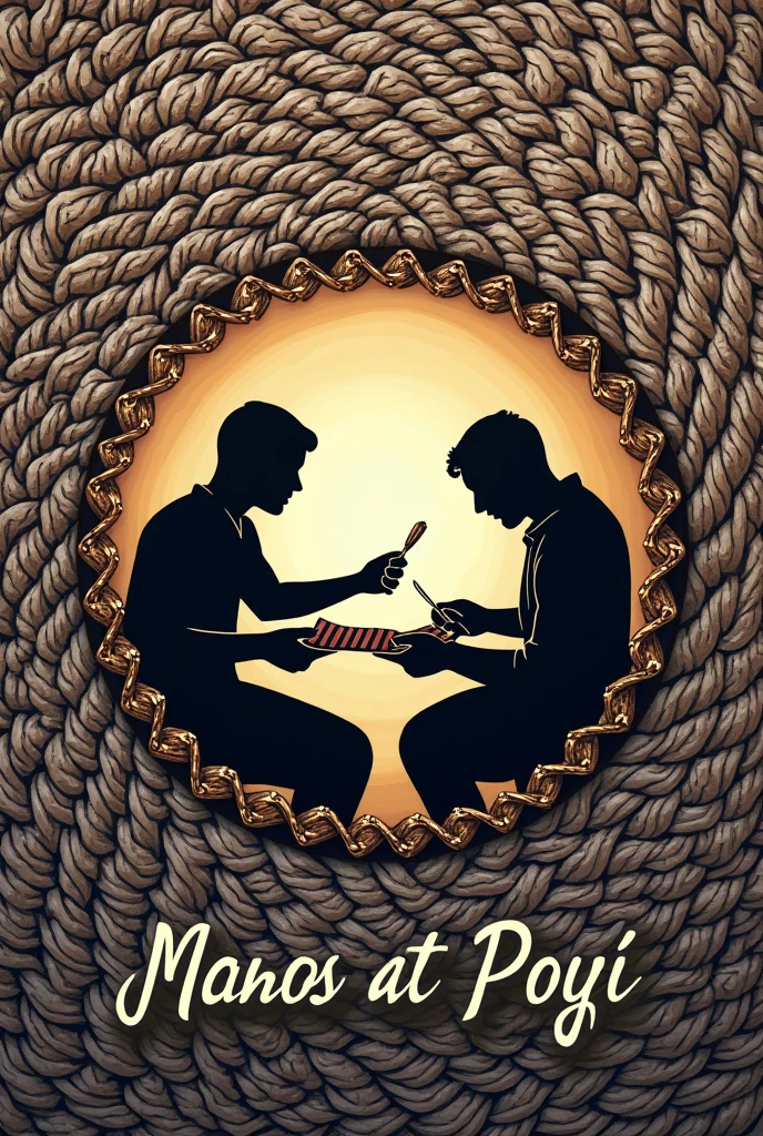 A logo for a company whose name is Manos de poyvi, The logo can have silhouettes of hands working on a fabric of poyvi threads, with details of threads and textures that highlight the craftsmanship, The image must have the name of the company, which is Manos de Poyvi, that the threads can be seen and the threads and textures stand out