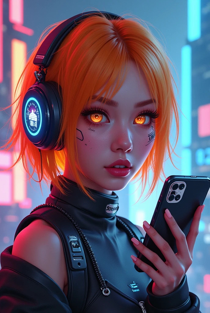 A cyberpunk woman with lots of orange colors holding a Shopee branded cellphone
