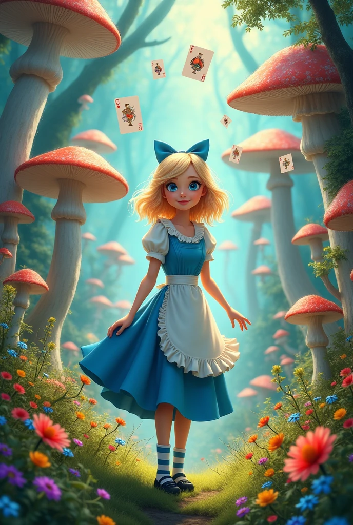 A movie poster, with a blue-eyed blonde, wearing a blue dress with a white apron, striped socks, black shoes and a blue bow in her hair, No fundo,  a forest with giant mushrooms and flowers of various species and colors, and playing cards falling from above 