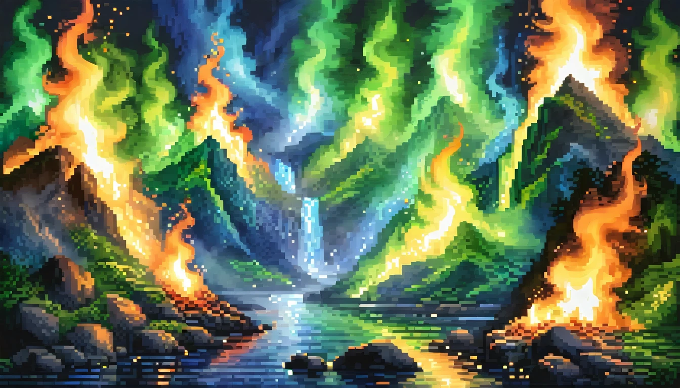 (best quality, masterpiece:1.2), A pixel art painting of green, blue and golden flames, exquisite, painterly, realistic painting, light painting, beautiful, breathtaking