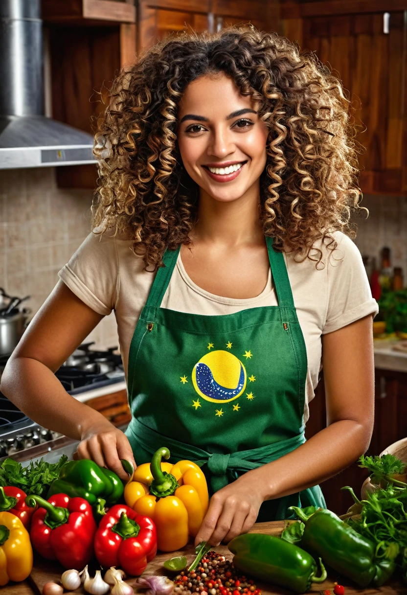 A beautiful Brazilian woman with curly hair and a warm smile, wearing a Brazilian apron, cooking with fresh ingredients around her, such as peppers, beans, onions, coriander and other spices. highly detailed,photorealistic,studio lighting,vibrant colors,warm color tones,masterpiece