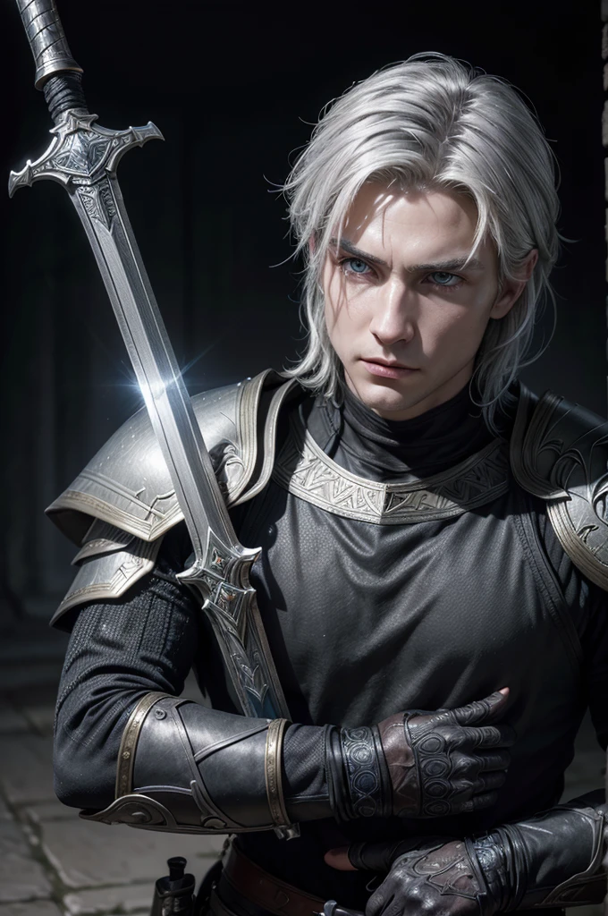 (photorealism:1.2), Paladin , young Men, wearing dark grey light armor with black details, leathers, blue eyes, medium white hair, RPG, D&d,holding a sword,  powerd pose, realistic, intricate details, warm colors, by Greg Rutkowski, by Alphonse Mucha