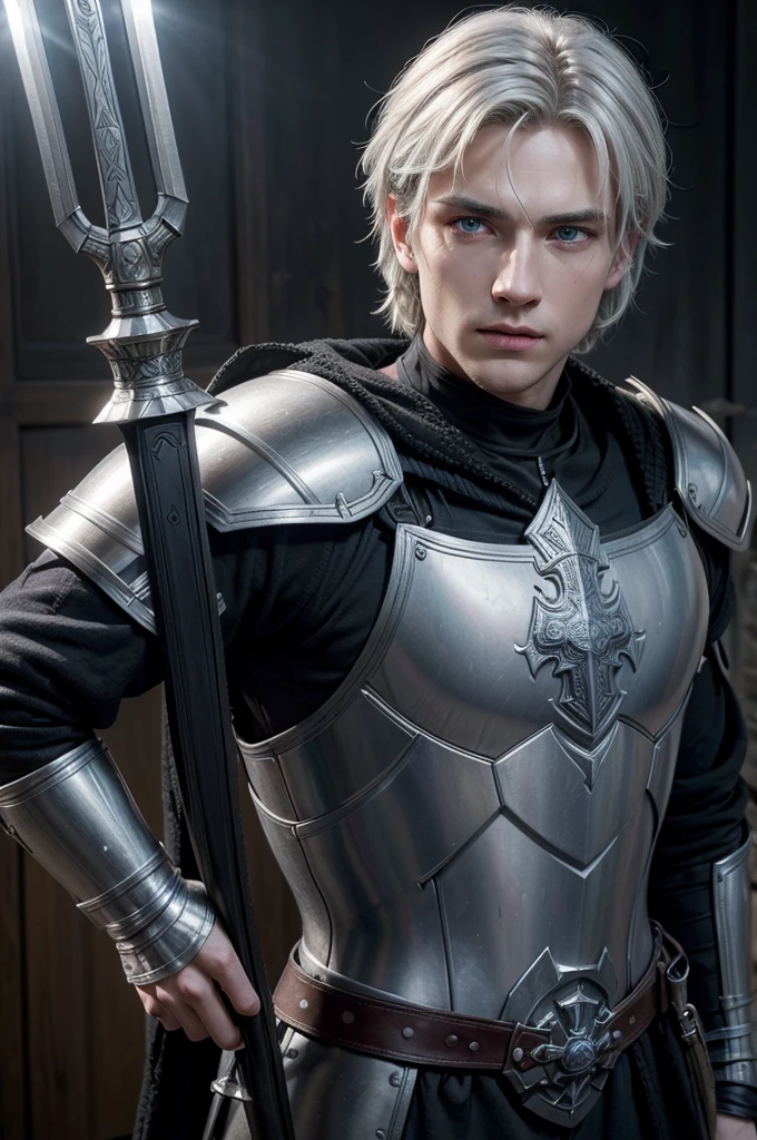 (photorealism:1.2), Paladin , young Men, wearing dark grey light armor with black details, leathers, blue eyes, medium white hair, RPG, D&d,holding a sword,  powerd pose, realistic, intricate details, warm colors, by Greg Rutkowski, by Alphonse Mucha