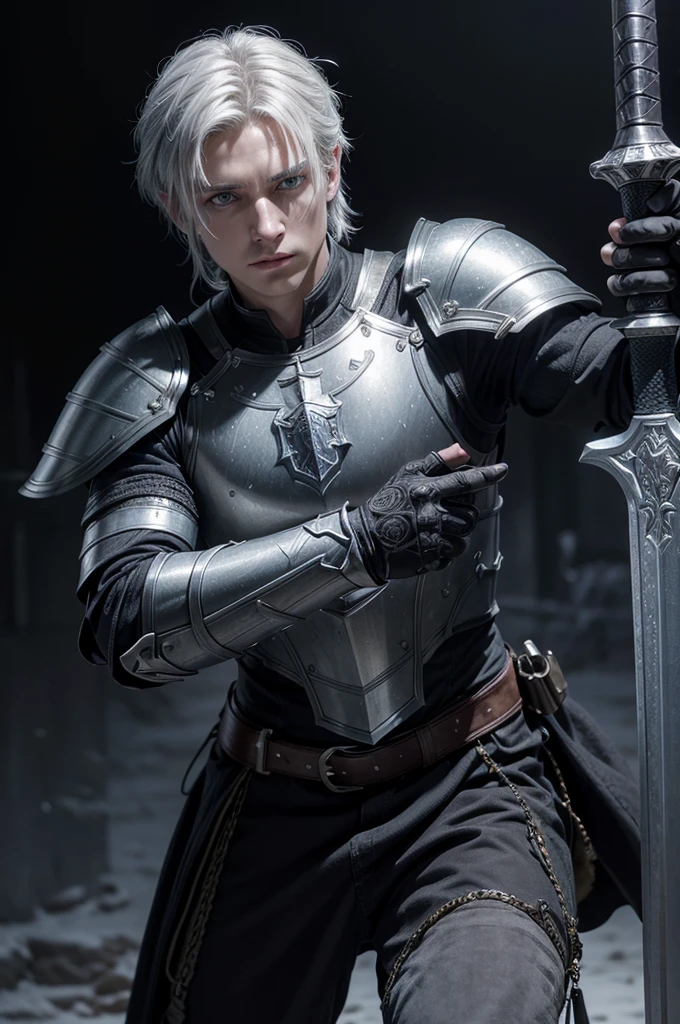 (photorealism:1.2), Paladin , young Men, wearing dark grey light armor with black details, leathers, blue eyes, medium white hair, RPG, D&d,holding a sword,  powerd pose, realistic, intricate details, warm colors, by Greg Rutkowski, by Alphonse Mucha