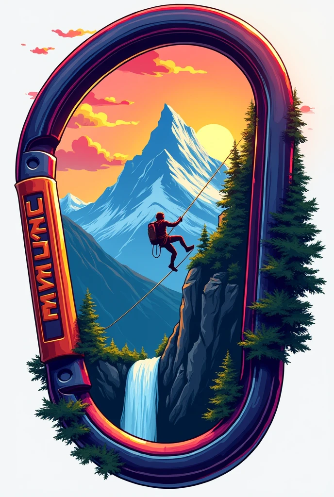 Draw colorful climbing carabiner, inside the musket draw a mountain with a waterfall , place a silhouette of a person rappelling down, write HUMJU on the side of the carabiner