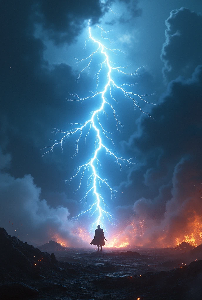 "RPG Illustration A stormy, dark sky is torn apart by a brilliant bolt of lightning that descends with relentless speed, striking an enemy with devastating force. The bolt is a line of pure energy, white and bluish, with branches that spread through the air. The impact creates an explosion of light and sparks, illuminating the battlefield for a brief moment. All around, the clouds churn with static electricity, and the ground where the lightning strikes appears to burn and crack from the intense heat."