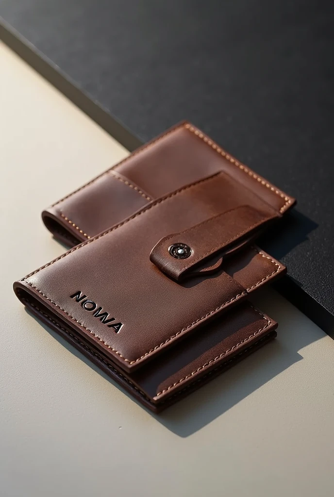 Generate pic of men leather wallet and card holder with brand name tag nowa on it