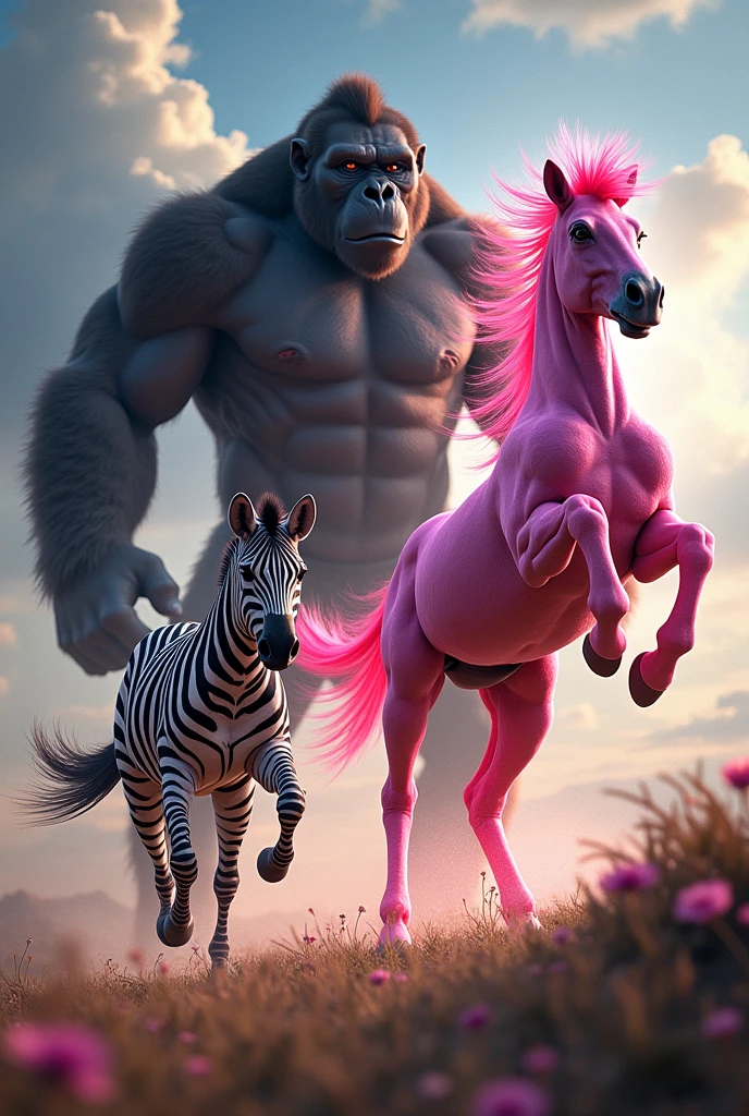 Create a zebra with super speed, along with a pink-red horse with magical powers, already a monkey similar to a gorilla but somewhat corporeal, black in color with super strength