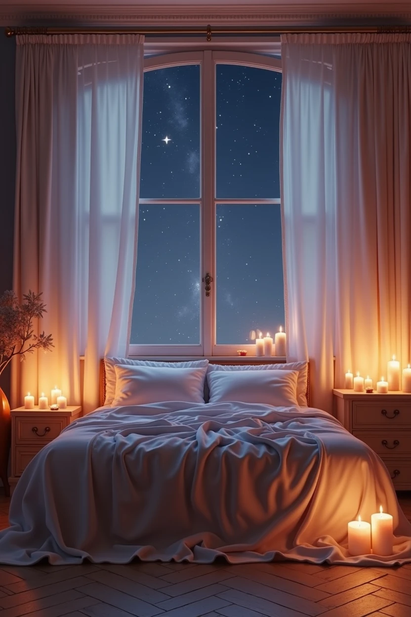 A large bed with an airy white canopy. There is a window behind the bed, it's night. White airy curtains hang on the window. Next to the bed is a chest of drawers, There are numerous candles on the dresser. All candles are lit and give off a beautiful atmospheric light