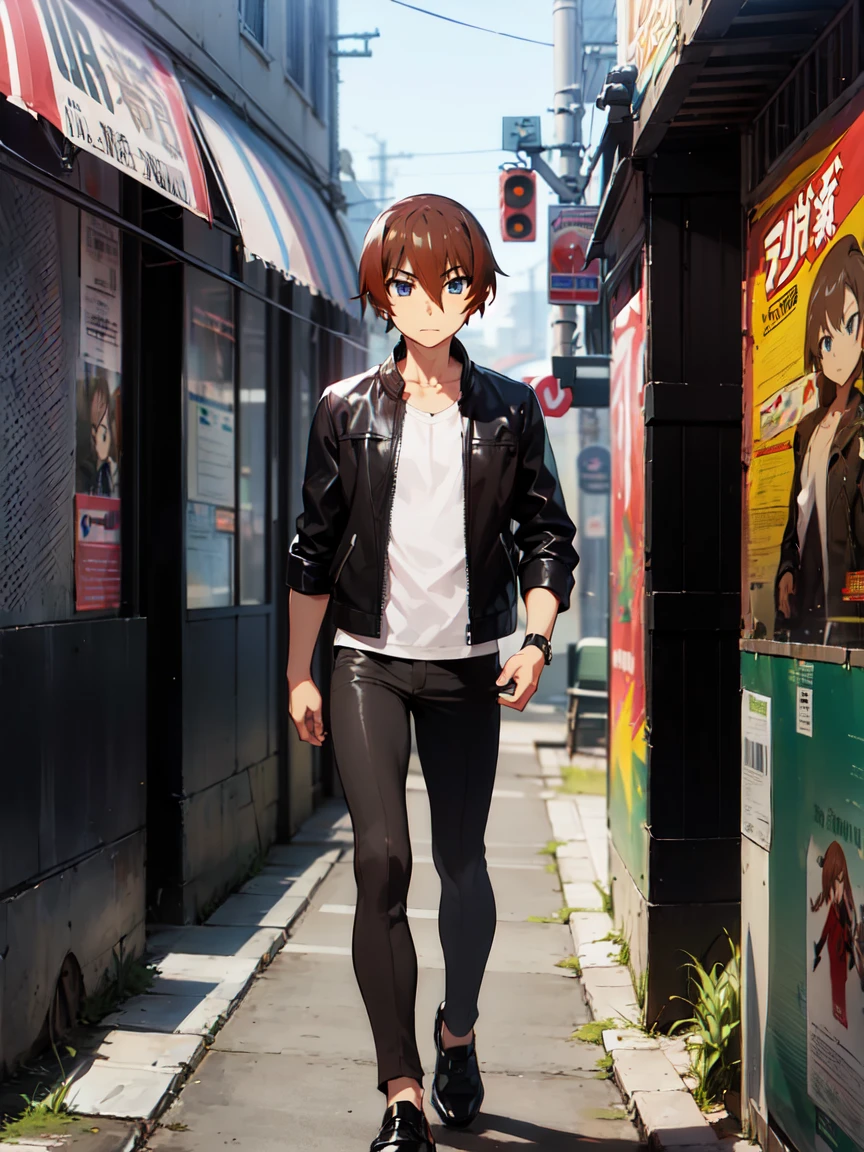 (Keiichi_Maehara), Brown Hair, blue eyes, Hair between the eyes, 1 person, (Black Leather Jacket), Male Model, subway, platform, industrial, City, Inorganic, dark, modern, Movie Posters