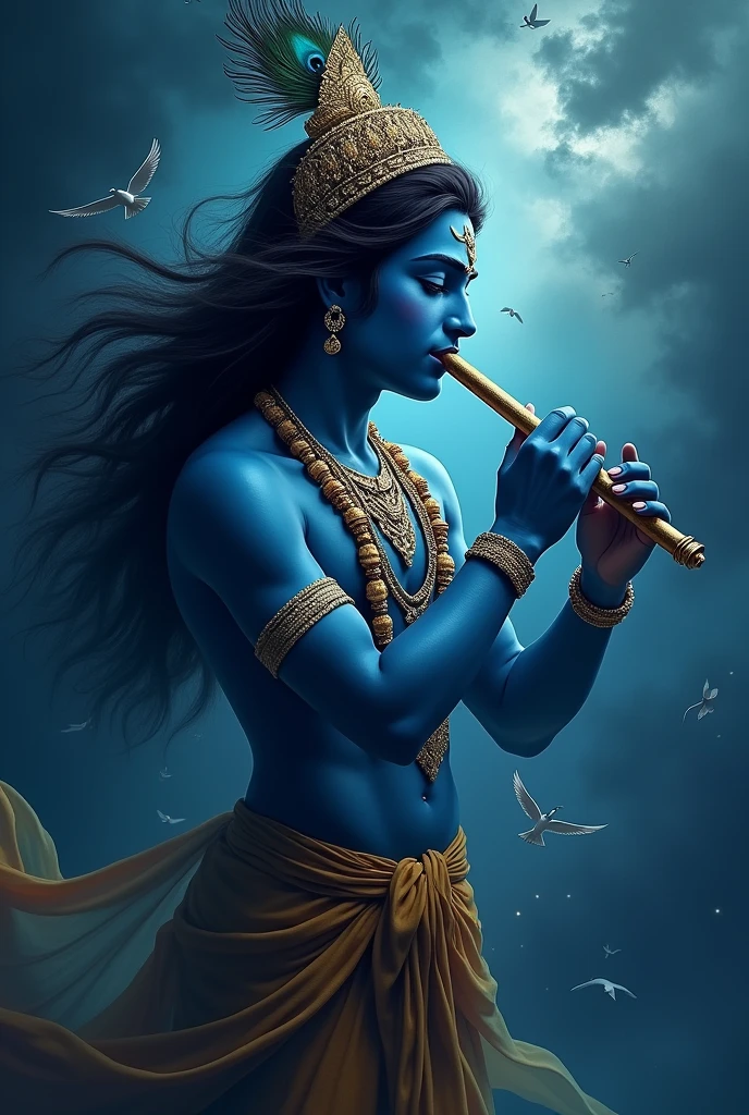 bhagavan shree Krishn man ,on head peacock feather focus, blue colour body , focus face , middle hair ,playing flute in mouth ,birds bance sky ,dark