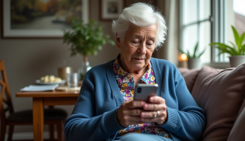 The image shows an elderly woman sitting in a living room, looking at her phone. She is holding the phone in her hands and appears to be engrossed in it. The woman is wearing a blue cardigan and a colorful blouse with a floral pattern. She has white hair and is looking down at the phone with a serious expression on her face. The room is decorated with a dining table and chairs, and there is a window in the background with a view of a house and a plant. The overall mood of the image is one of concentration and focus.