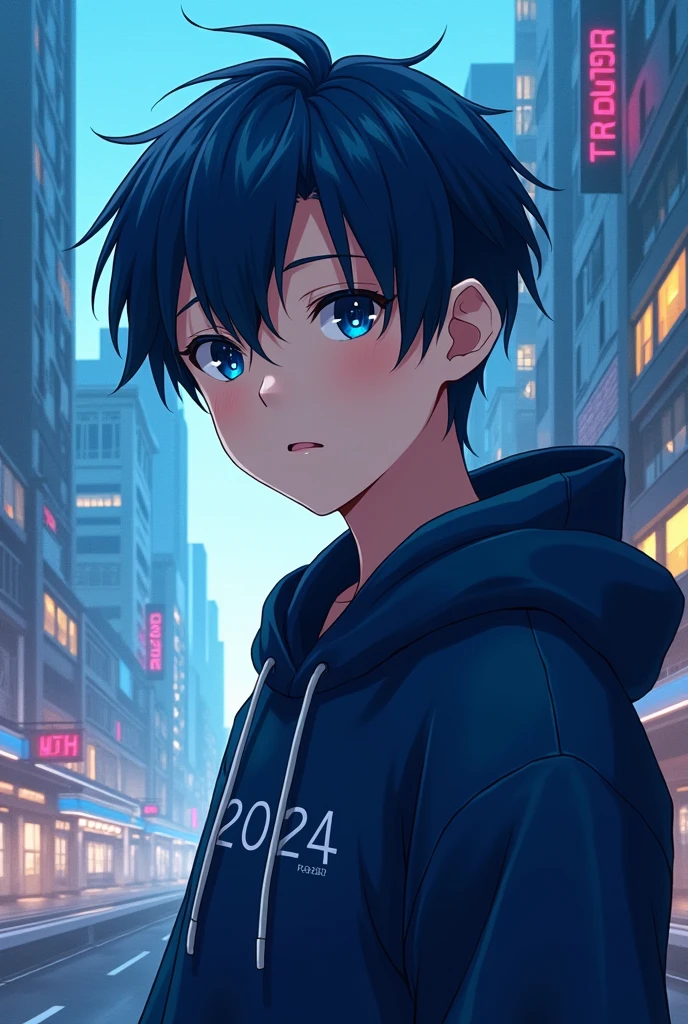 anime boy with blue hoodie and dark brown hair with 2024 background