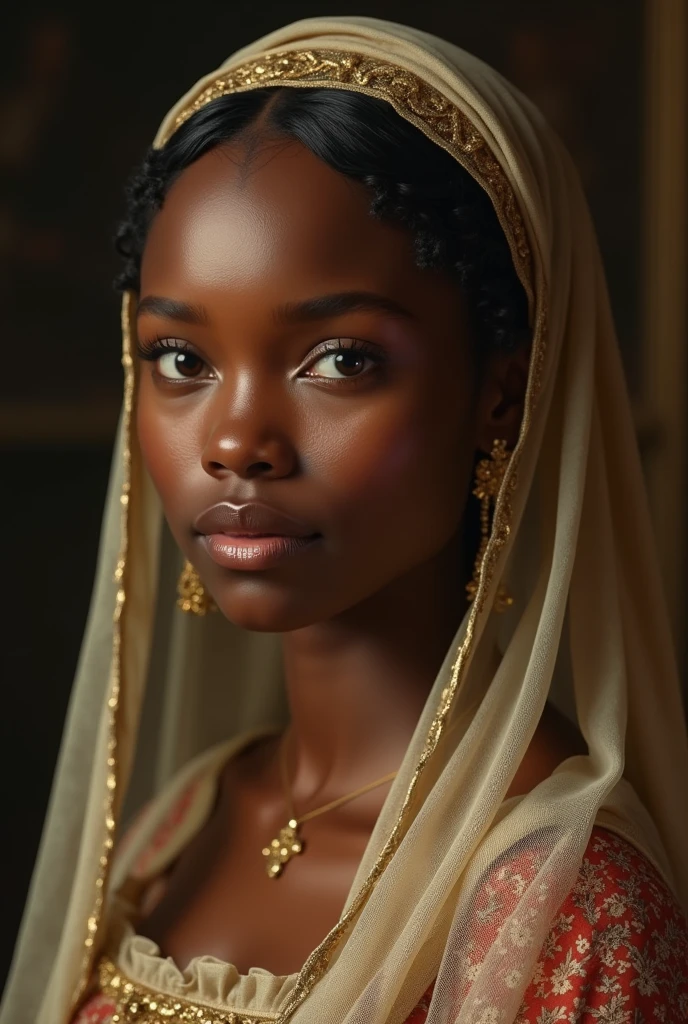 portrait of a beautiful young African noble woman with hazel eyes, bride,
full lips, historically accurate 1500s painting, wearing a thin stylish
veil with intricate details, historically accurate clothing, loving,
curiosity, energetic, hyperrealistic, golden ratio, award winning,
professional, highly detailed, intricate,
volumetric lighting, gorgeous, masterpiece, sharp focus, depth of field,
unreal engine, perfect composition, digital art on pixiv, artstation, 8k, hdr, raw
---------------------------------------