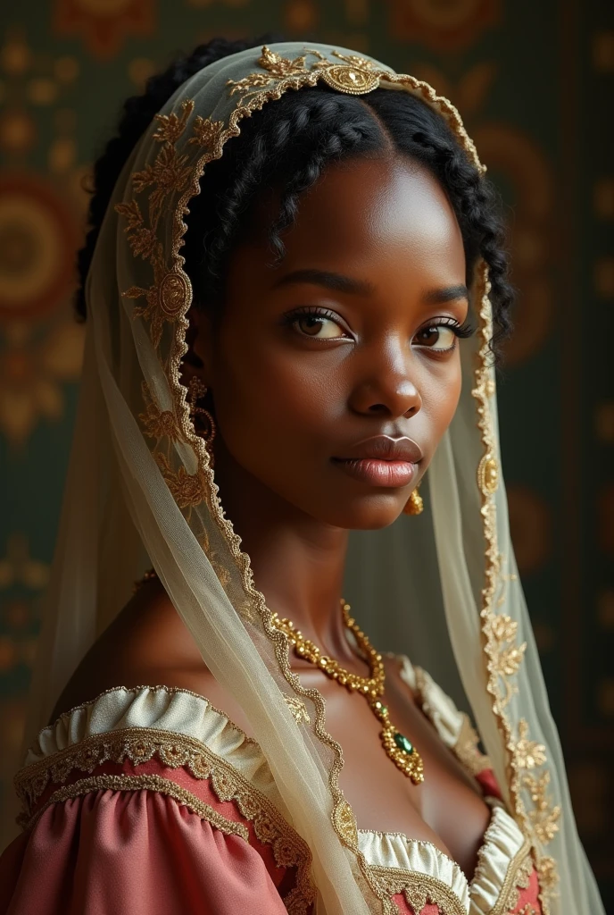 portrait of a beautiful young African noble woman with hazel eyes, bride,
full lips, historically accurate 1500s painting, wearing a thin stylish
veil with intricate details, historically accurate clothing, loving,
curiosity, energetic, hyperrealistic, golden ratio, award winning,
professional, highly detailed, intricate,
volumetric lighting, gorgeous, masterpiece, sharp focus, depth of field,
unreal engine, perfect composition, digital art on pixiv, artstation, 8k, hdr, raw
---------------------------------------
