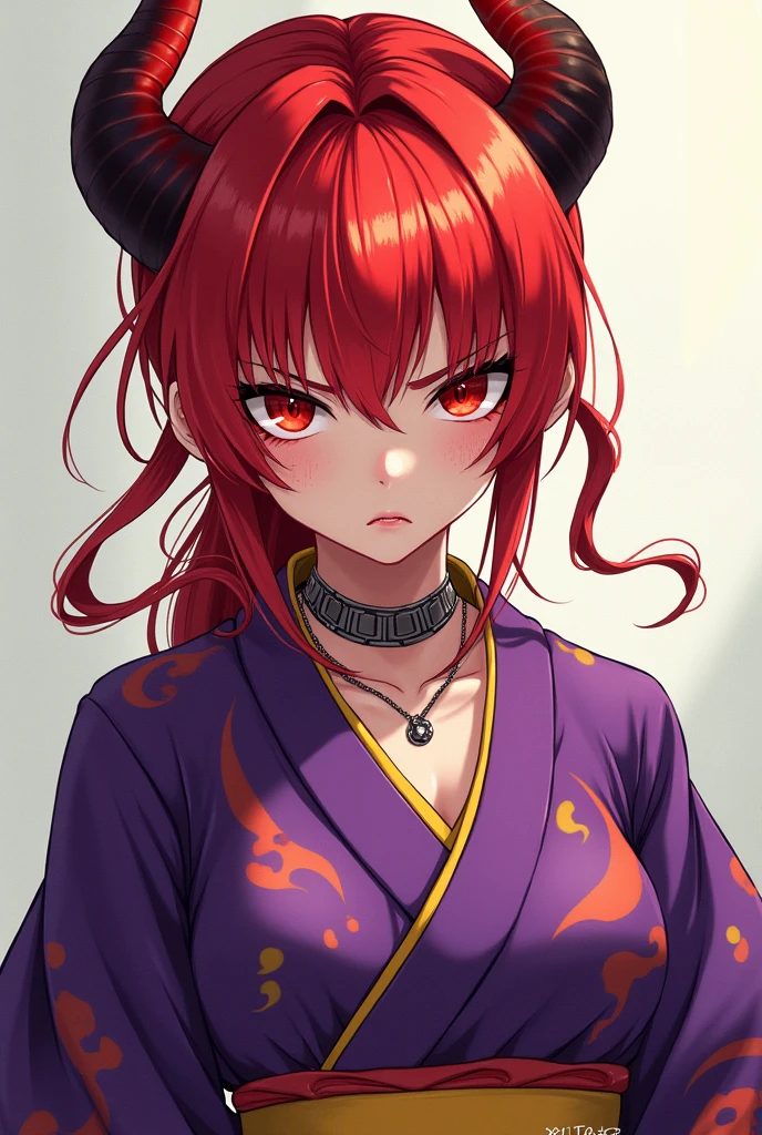 ((Artwork, 8K, extremely detailed, anime style)), 1 woman of Chinese ethnicity, red hair with bangs, angry look, demon horns, red iris color, small nose, freckles on the face, tattoo on the body, metal necklace on the neck, purple kimono with yellow details.