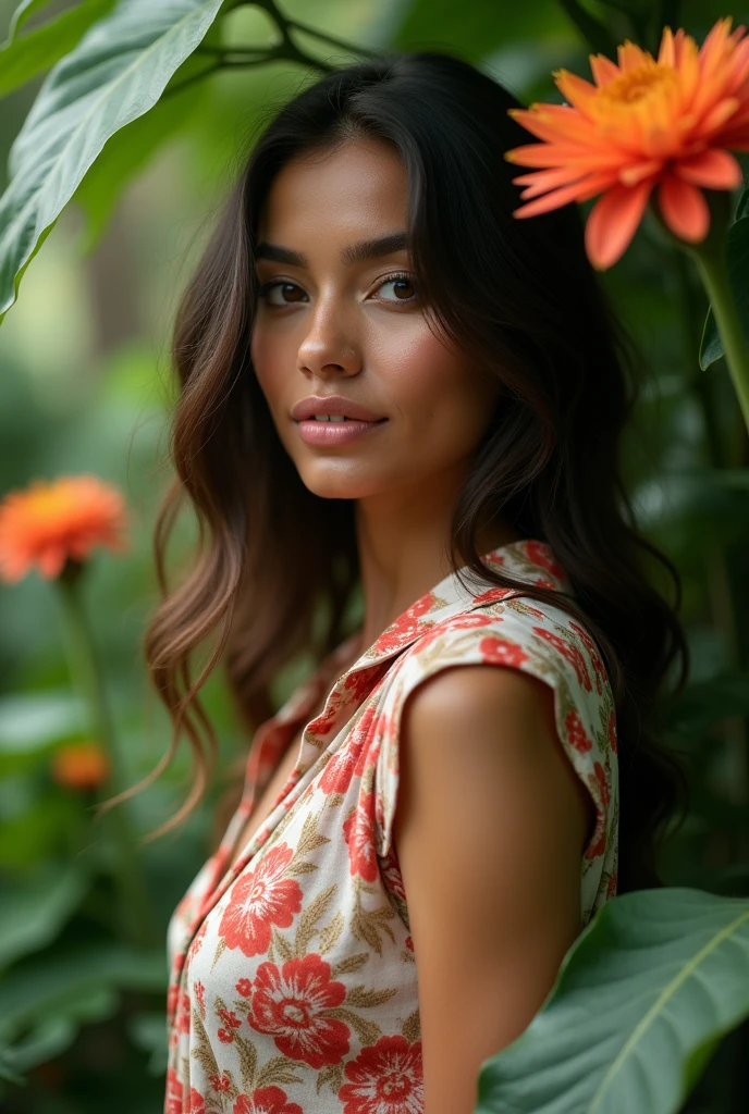 A Brazilian woman in a lush tropical garden, wearing an open shirt with a floral print, with a close-up capturing the harmonious beauty between her breasts and the natural flowers, showing off your natural charm and outgoing personality.