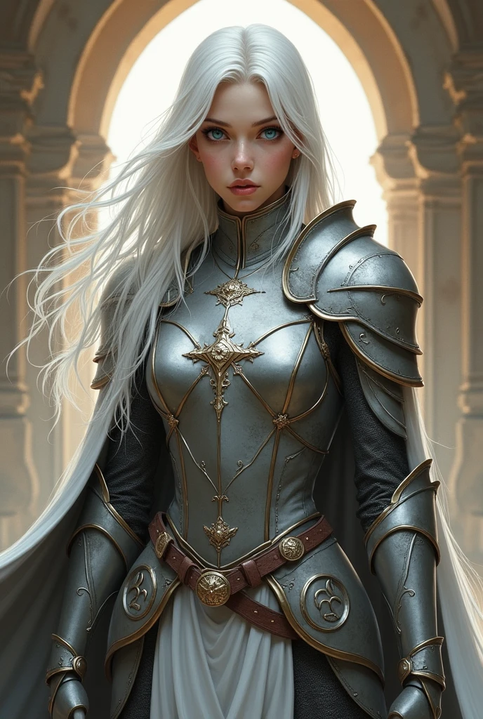 (photorealism:1.2), cleric, young woman, wearing grey light armor, light grey leathers, blue eyes, long white hair, RPG, D&d, soft lighting, powerd pose, realistic, intricate details, warm colors, by Greg Rutkowski, by Alphonse Mucha