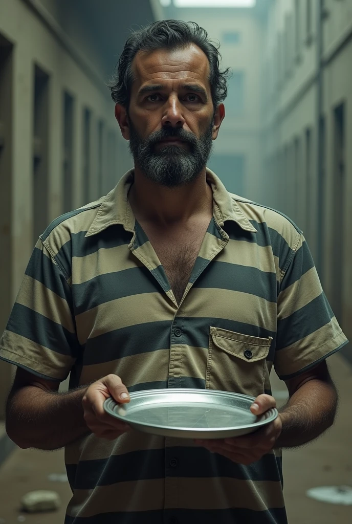 A man wearing prisoner's clothes in indian jail and getting a plate in his hand