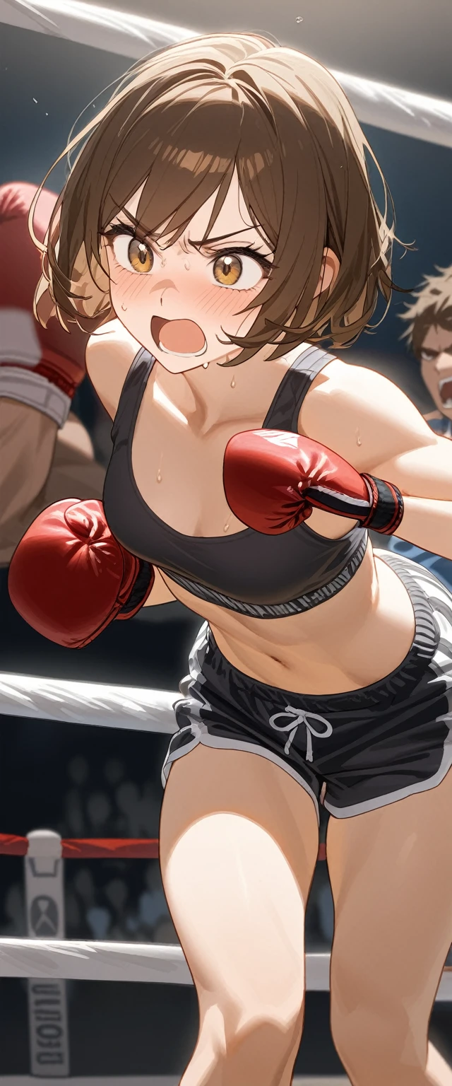 1woman, solo, muscular, Six Pack, athlete, Tension, Tense expression, Mouthpiece, Tank top, Shorts, short hair, boxing, Fighting Pose, Leaning forward, She holds both gloves under face to intimidate opponent, boxing ring, watching the situation, Brown Hair, small breasts, boxer、illumination、cheering crowd