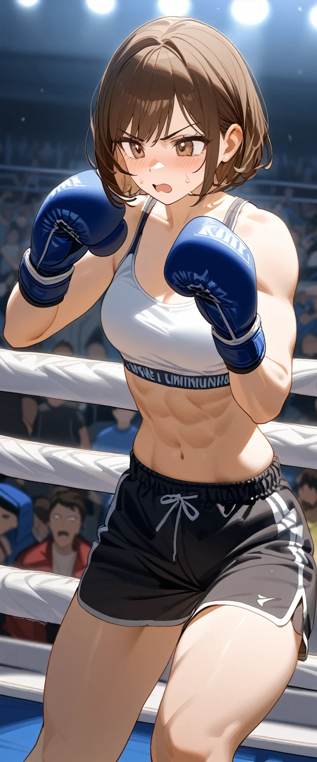 1woman, solo, muscular, Six Pack, athlete, Tension, Tense expression, Mouthpiece, Tank top, Shorts, short hair, boxing, Fighting Pose, Leaning forward, She holds both gloves under face to intimidate opponent, boxing ring, watching the situation, Brown Hair, small breasts, boxer、illumination、cheering crowd