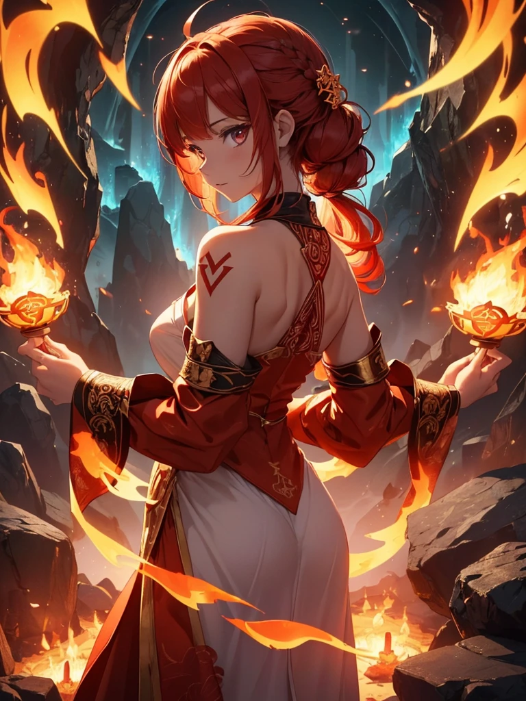 (((best quality, sharp image, clear image, cinematic lighting, 8k resolution, masterpiece, ultra detailed, intricate))) Girl, (((looking over shoulder))), shot from behind, ((half shot)), fire mage, cute, fiery red hair, pigtails in hair, (intricate dress), (white dress), ribbons in hair, smiling, fiery red, ((intricate Portal background)), ((fire magic)), candles, ((glowing runes on skin)), (flame patterns), ((fiery lotus flowers)), busy background., ((fire sigils)), (rock formations), Exploding rock, lavafalls, gauntlets, ((Red rubies))