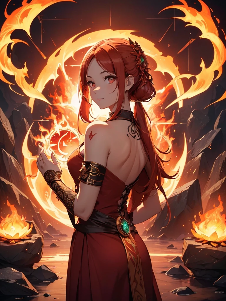 (((best quality, sharp image, clear image, cinematic lighting, 8k resolution, masterpiece, ultra detailed, intricate))) Girl, (((looking over shoulder))), shot from behind, ((half shot)), fire mage, cute, fiery red hair, pigtails in hair, (intricate dress), (white dress), ribbons in hair, smiling, fiery red, ((intricate Portal background)), ((fire magic)), candles, ((glowing runes on skin)), (flame patterns), ((fiery lotus flowers)), busy background., ((fire sigils)), (rock formations), Exploding rock, lavafalls, gauntlets, ((Red rubies))