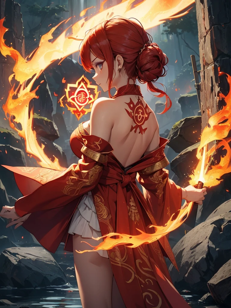 (((best quality, sharp image, clear image, cinematic lighting, 8k resolution, masterpiece, ultra detailed, intricate))) Girl, (((looking over shoulder))), shot from behind, ((half shot)), fire mage, cute, fiery red hair, pigtails in hair, (intricate dress), (white dress), ribbons in hair, smiling, fiery red, ((intricate Portal background)), ((fire magic)), candles, ((glowing runes on skin)), (flame patterns), ((fiery lotus flowers)), busy background., ((fire sigils)), (rock formations), Exploding rock, lavafalls, gauntlets, ((Red rubies))