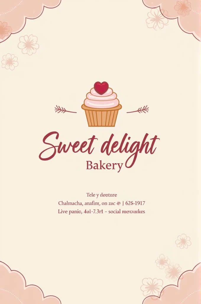 An image of the logo for the &#39;sweet delight&#39; bakery, accompanied by contact information (telephone, address, social networks) in a clean and professional design. The background can have soft colors and decorative elements related to baking.."