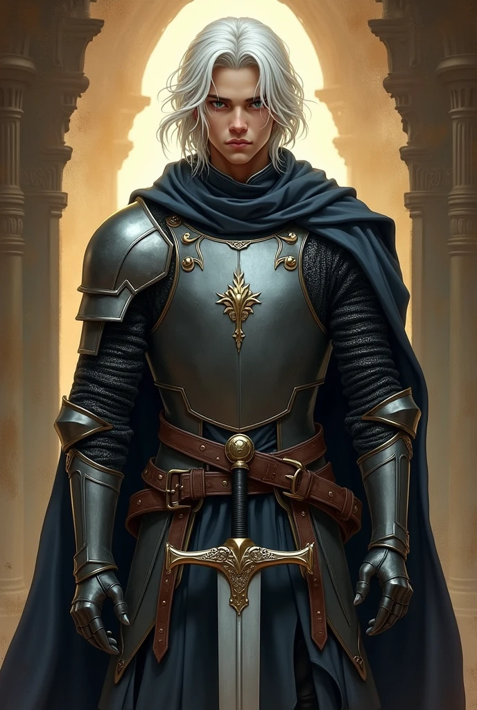 (photorealism:1.2), Paladin , young Men, wearing dark grey light armor with black details, leathers, blue eyes, medium white hair, RPG, D&d,holding a sword,  powerd pose, realistic, intricate details, warm colors, by Greg Rutkowski, by Alphonse Mucha