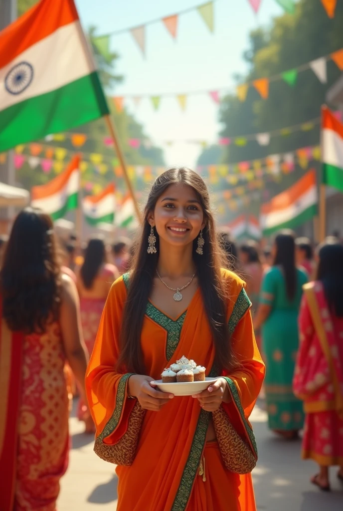 A teenager that studying in the abroad universities enjoying the day of indian independence . Make it in square size