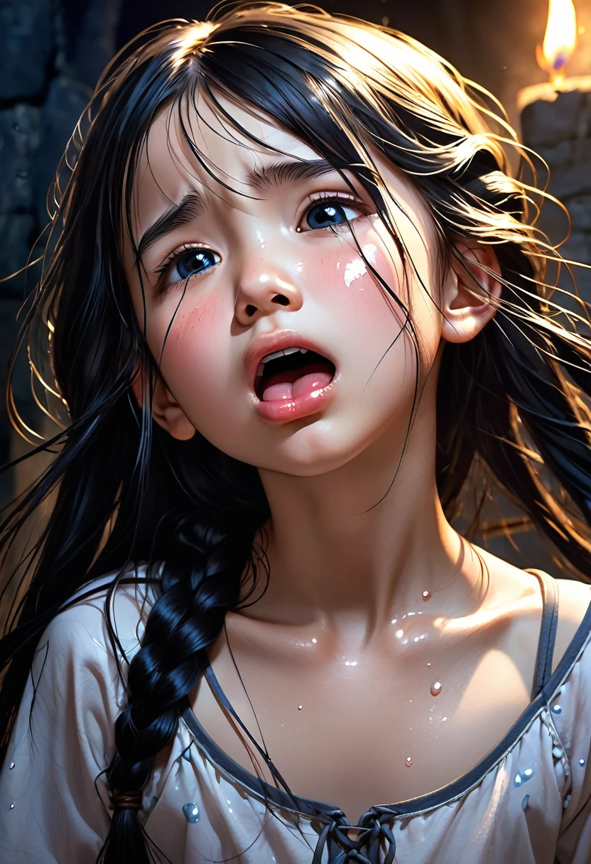 Surreal 8-year-old girl, Body , Long black hair frinje braid , flat chest , Depressed? ,Crying tears ,Night Dungeon .close up,HD,(Better drawing detail),Excellent image quality,(more details),Fine,High-quality masterpiece,Girl,Lie on me,Look up to me,Elongated hair,Ruddy skin,Cleaning the collarbone,The clothes slipped down.,Water stains,Wearing sweats,saliva,(Absurd big mouth,Extended tongue,((More delicate oral)),(uvula)(tonsil)((throat)),(saliva),((Heavy breathing)),(uvula),(Loose clothing))