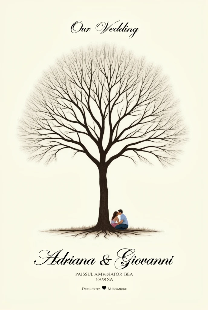 "Create an image of an elegant tree without leaves or flowers with a plain background, Clear. The tree should include the names &#39;Adriana&#39; and &#39;Giovanni&#39; prominently displayed at the base of the tree. On the bottom, Add the text &#39;August 17, 2024'. Add title "Our Wedding" in Spanish, in the header . Add image of two lovers lying on the tree trunk."