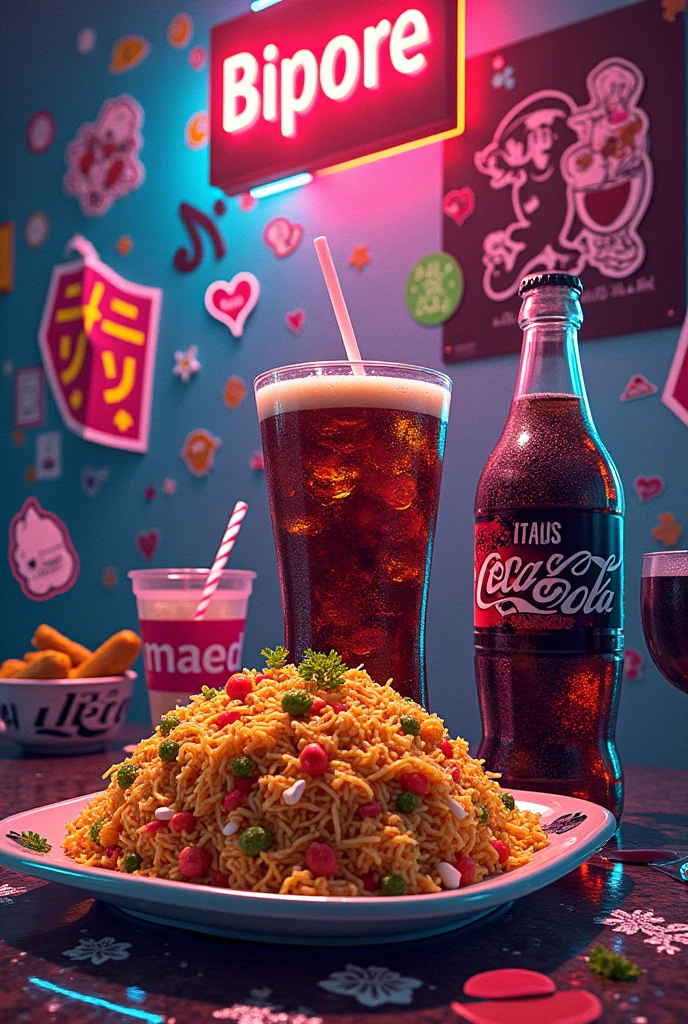 Stickers blend with food briyani coke and neon lights briyani theme abstract design 