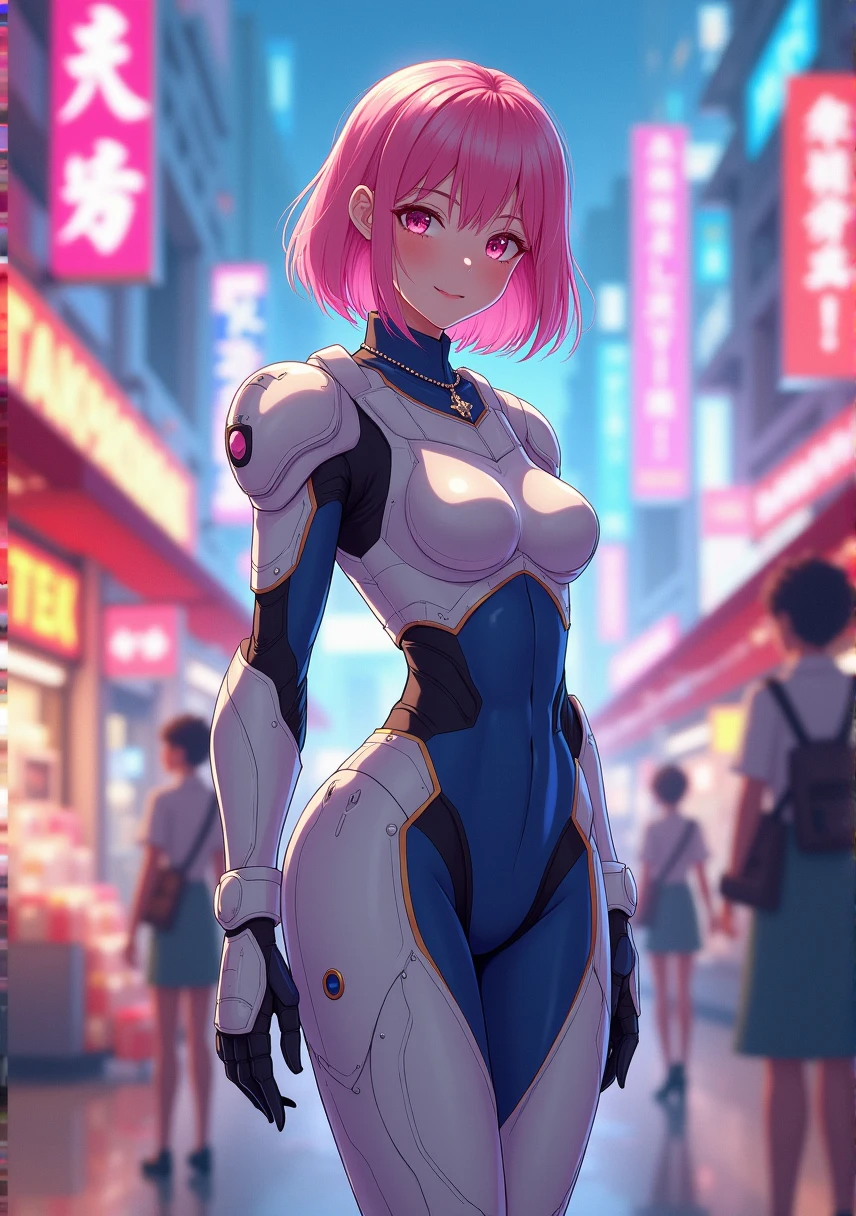 transgender girl, waist up, ssmile, beautiful lighting, deep shadow, best qualityer, Masterpiece artwork, ultra high resolution, アニメ, space armor, standing alone, neckleace, Detailed beauty. face perfect, pink eyes, pink hair, big hair, perfect female body, breasts big, happy expression, illuminated environment, shopping street, Waist slender, アニメ semi realista, NSFW, white and blue colored armor, super detailed face, rosto angelical, super detailed image(wall-paper), work of art, space warrior, little clothing, wide hip, ssmile fofo, cuteness, cute face, cute transgender girl,fully body, perfectbody. --auto